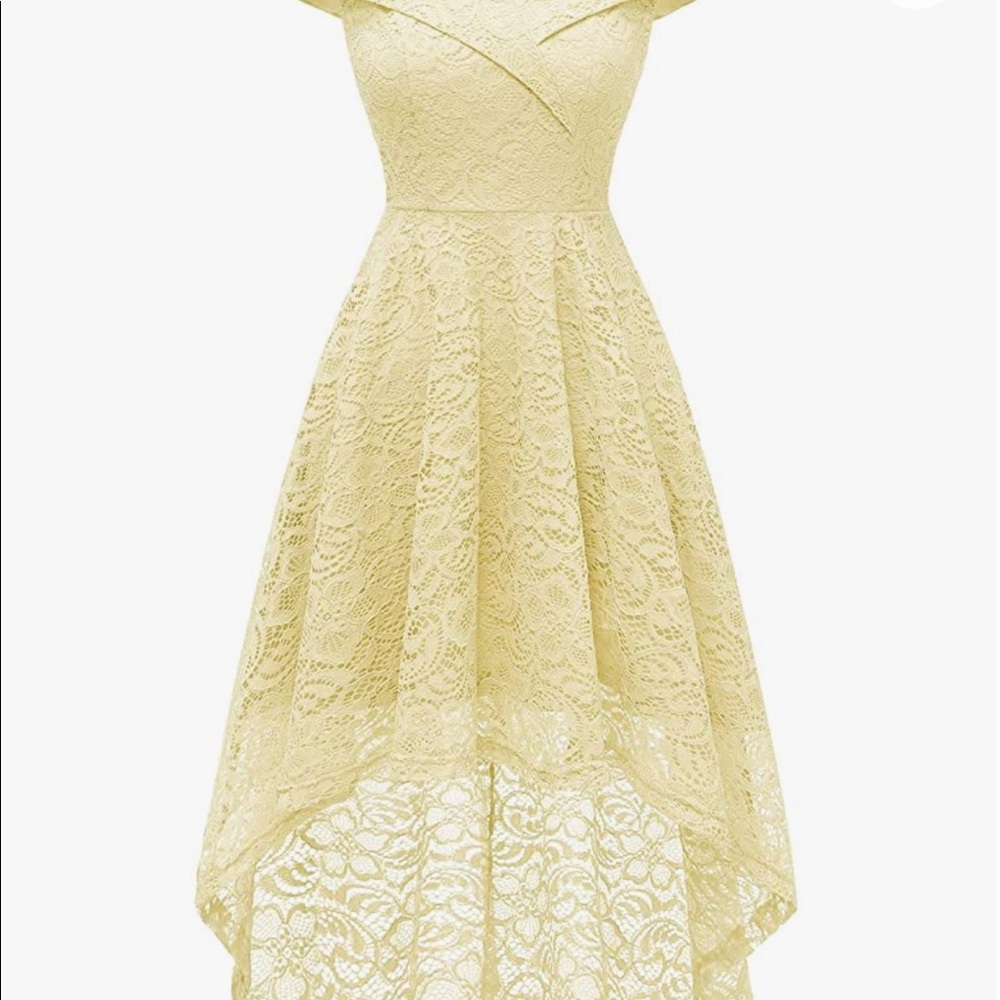 High Low Off Shoulder Pastel Yellow Lace Dress
